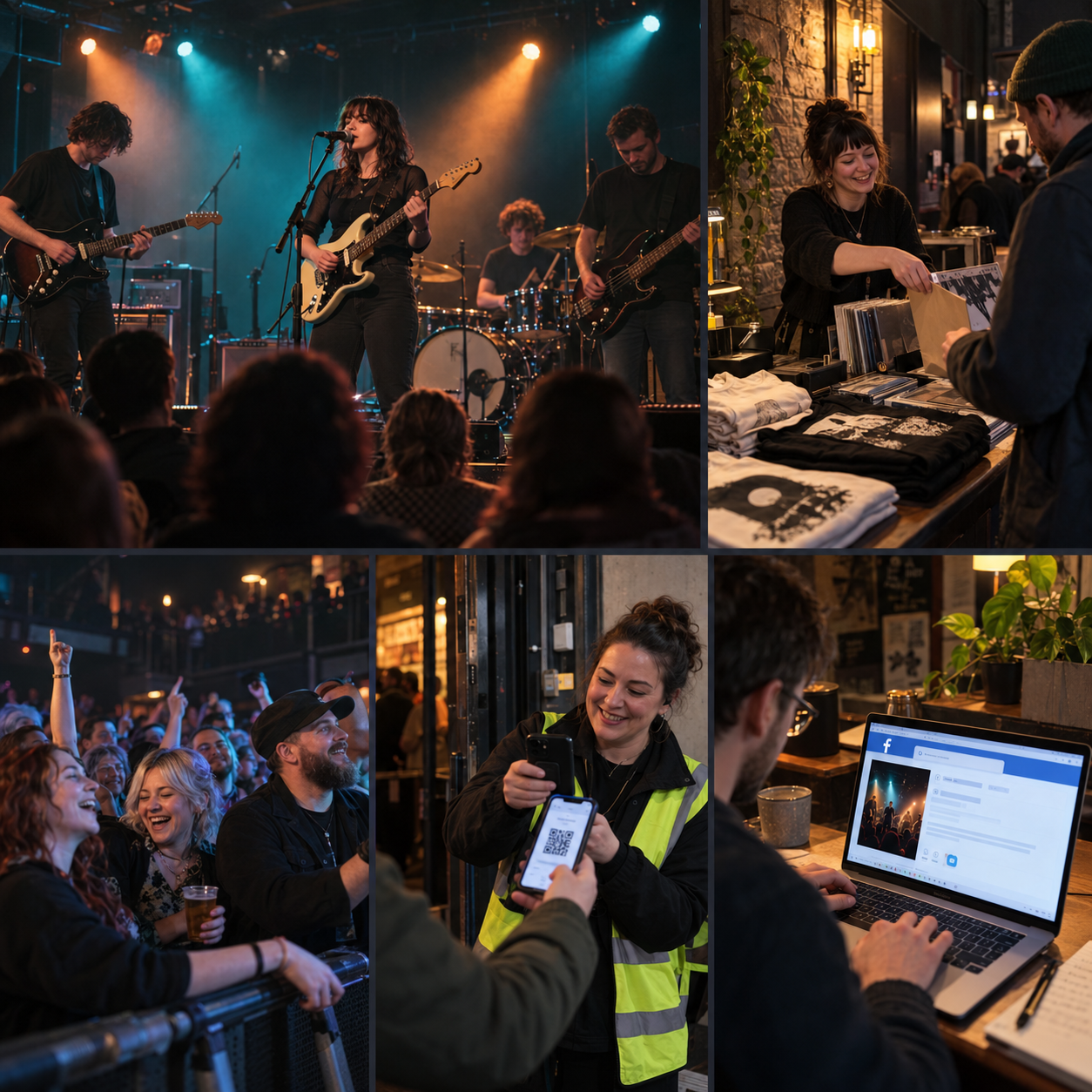 Illustrative collage of a live band, event merchandise, a crowd, phone ticket scanning and an organiser preparing a Facebook post